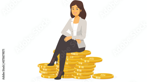 Asian business woman sitting on stack of golden coins