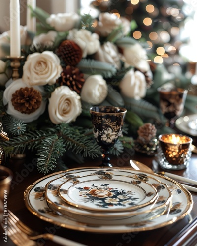 a christmas table setting with a christmas tree in the background