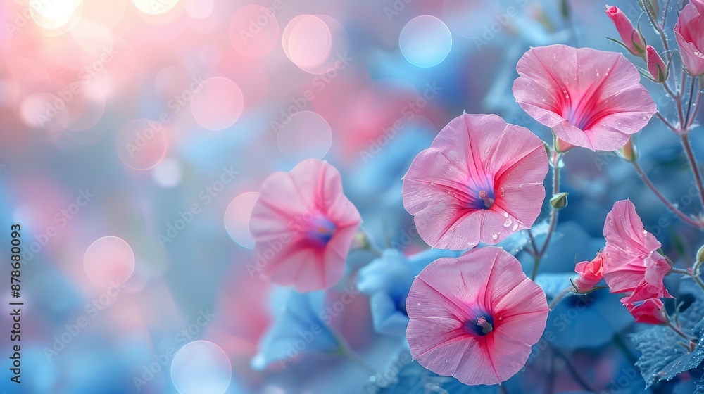 Obraz premium Close-up of vibrant morning glory flowers against a dreamy bokeh background. Great for nature and floral themes.