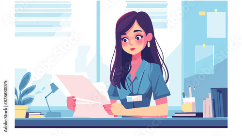 Asian business woman standing in office with long bill