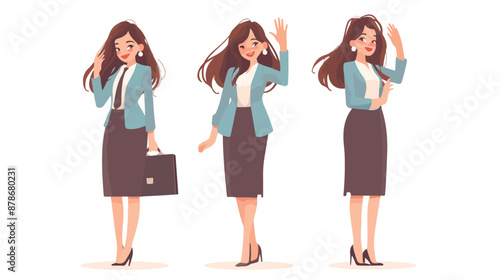 Asian business woman waving her hand. Full length 