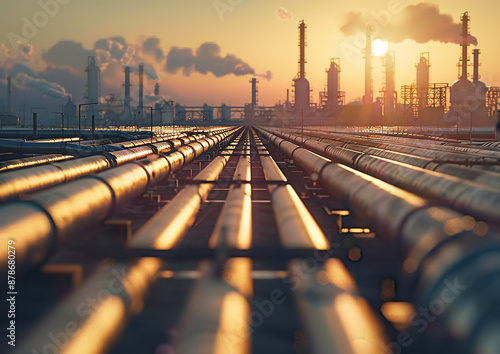 Industrial landscape at sunset: Pipes and oil refineries against a dramatic sky.Design for sites dedicated to energy, ecology, oil and gas industry  photo