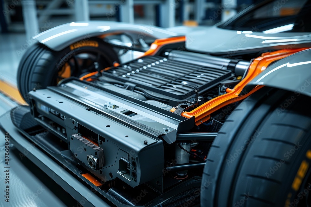 Fototapeta premium Close Up View of Car Engine in Garage, Capturing the essence of speed and sustainability in an electric sport car, with a focus on its impressive battery pack