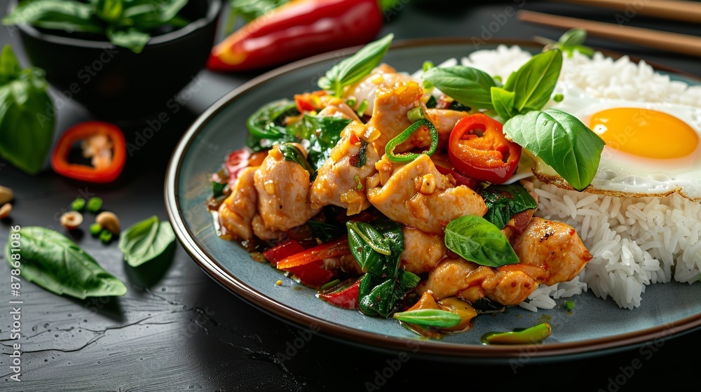 A plate of Thai basil chicken with bright colors. Top with a fried egg and jasmine rice A plate of Thai basil chicken with bright colors. Top with a fried egg and jasmine rice