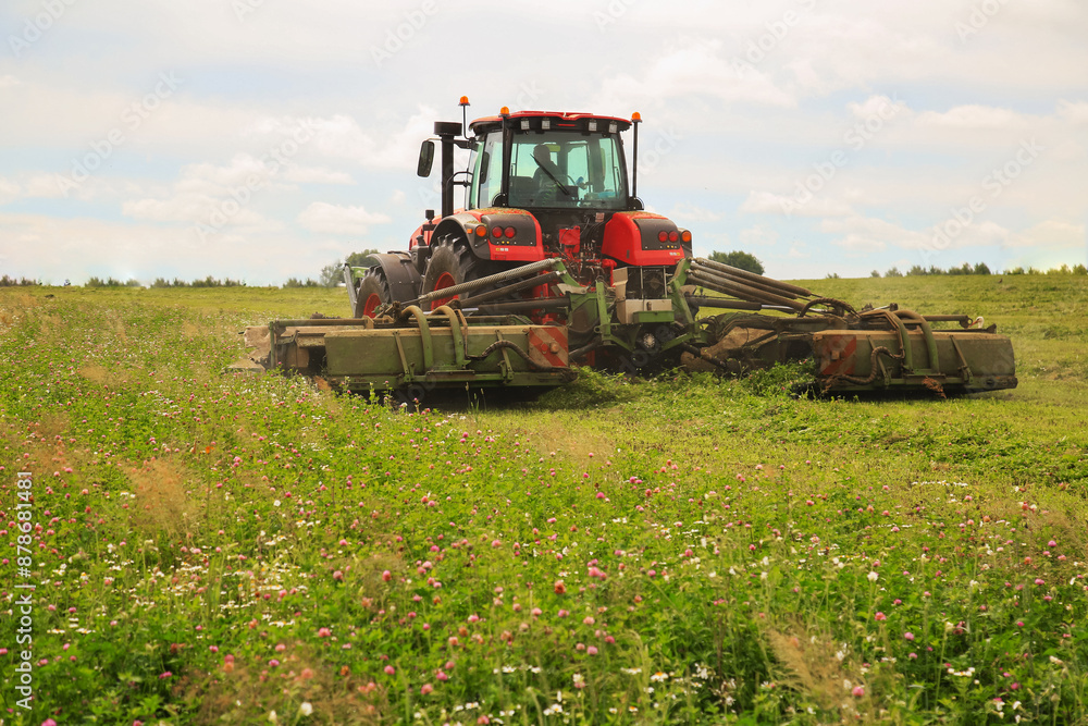 Fototapeta premium tractor, feed, harvesting, hay. A tractor mows the grass. haymaking, fodder harvesting. Copy space