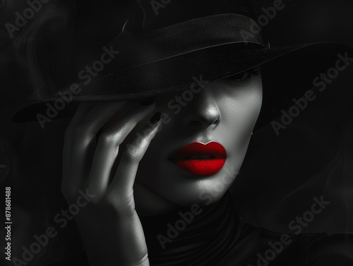 Wallpaper Mural A woman with a red lipstick and a black hat is shown in a black and white photo Torontodigital.ca