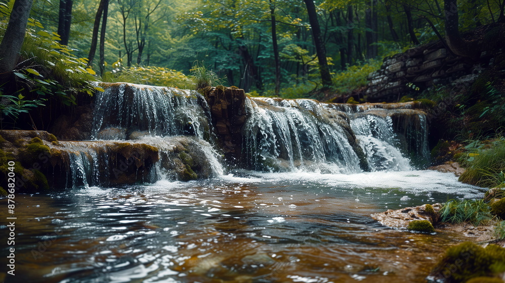 Fototapeta premium Mountain stream with a gentle waterfall cascading into a pool