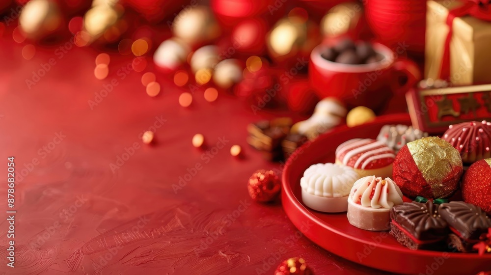 Festive Christmas chocolates and decorations in a red setting, perfect for holiday themes and elegant celebrations. Festive Christmas chocolates and decorations in a red setting, perfect for holiday themes and elegant celebrations.