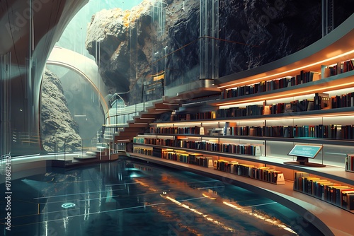 A futuristic library with floating bookshelves and holographic readers