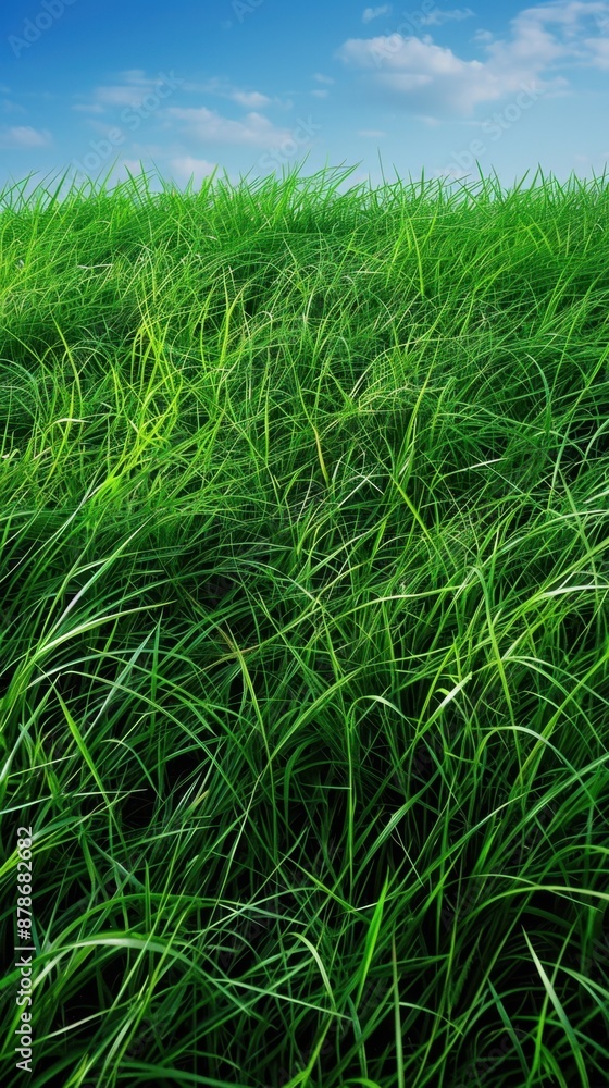 Obraz premium Lush green grass swaying gently under a bright blue sky with scattered white clouds. The blades of grass appear vibrant and healthy, creating a serene and natural landscape.