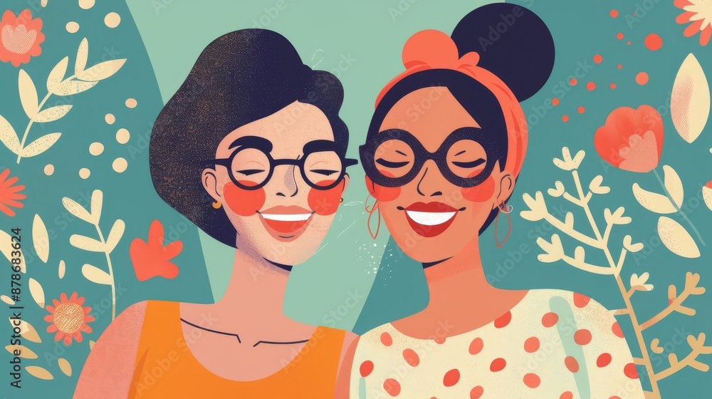 Joyful flat rendering of two close female friends, one with a broad face and glasses, the other with a beautiful makeup look, sharing a laugh Joyful flat rendering of two close female friends, one with a broad face and glasses, the other with a beautiful makeup look, sharing a laugh