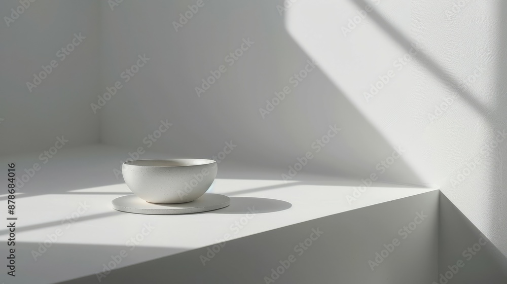 White bowl on plate in sunlight. Simple, minimalist still life with a white bowl on a plate, bathed in soft, natural sunlight. White bowl on plate in sunlight. Simple, minimalist still life with a white bowl on a plate, bathed in soft, natural sunlight.