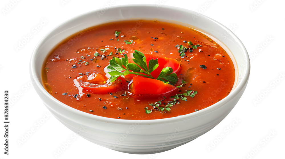 Fresh tomato soup with herbs in white bowl Fresh tomato soup with herbs in white bowl
