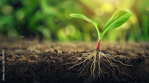 New plant growth and roots. A small plant emerges from the ground with roots. photo