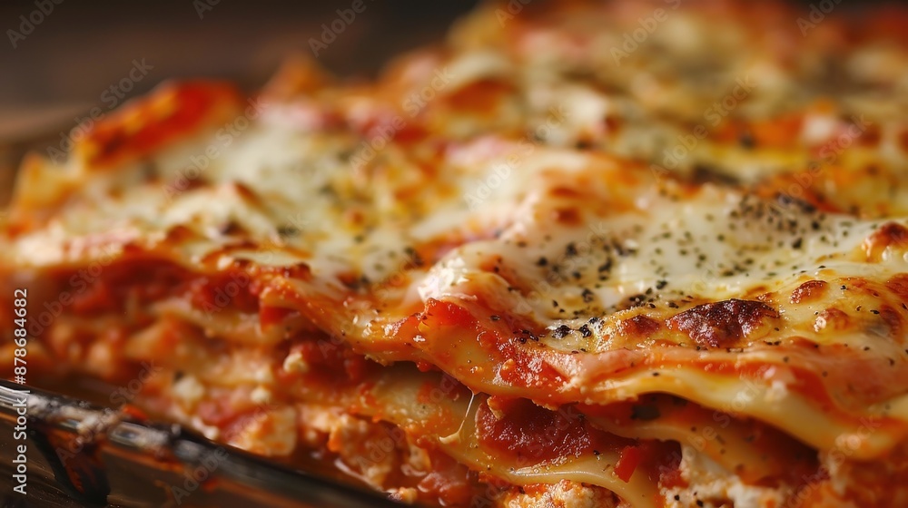 A close-up view of a freshly baked lasagna dish with layers of pasta, meat sauce, and melted cheese, topped with freshly ground black pepper A close-up view of a freshly baked lasagna dish with layers of pasta, meat sauce, and melted cheese, topped with freshly ground black pepper