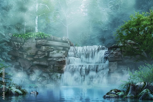 Fototapeta Naklejka Na Ścianę i Meble -  A painting featuring a cascading waterfall surrounded by dense forest, Cascading waterfall creating a misty spray