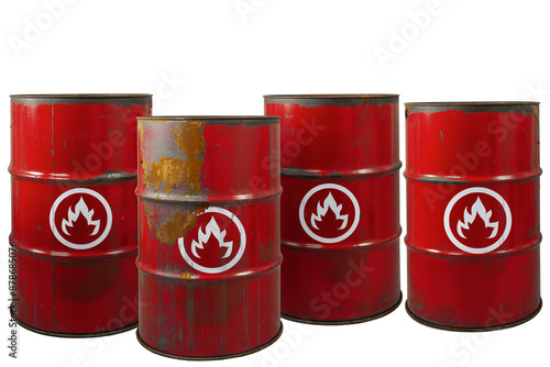 Red barrel or oil-drums with a flammable sign. Rusty dangerous barrel with fuel or crude oil on isolated background photo