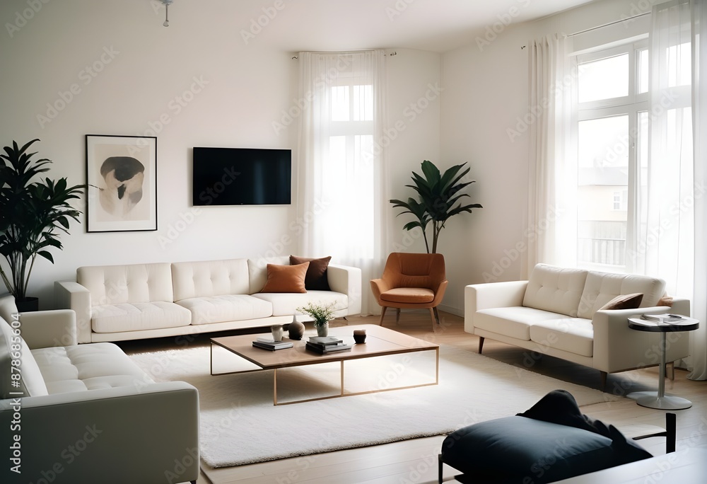 Fototapeta premium Cozy minimal modern living room interior design, with a dining room including a sofa, chairs, empty living room with beige walls
