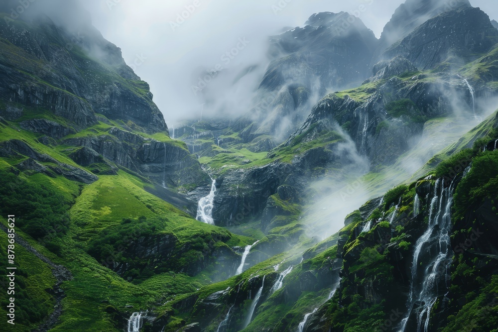 A mountain with a waterfall cascading down its rocky face into a pool below, surrounded by mist and lush greenery, Cascading waterfalls in a misty mountain landscape A mountain with a waterfall cascading down its rocky face into a pool below, surrounded by mist and lush greenery, Cascading waterfalls in a misty mountain landscape