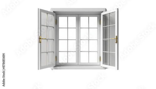 Open white window with clear glass panes set in wooden frames on an isolated white background for architectural and interior design concepts.