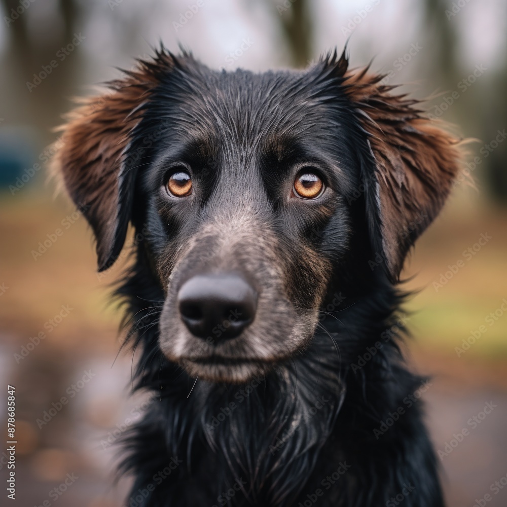 A black dog with brown fur is standing in the rain A black dog with brown fur is standing in the rain