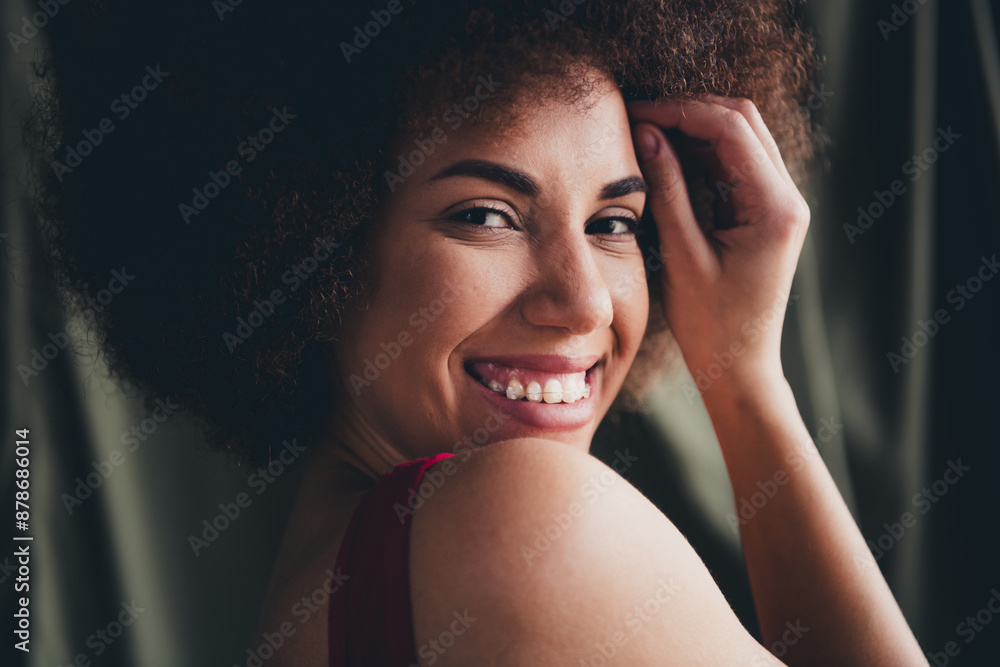 Fototapeta premium Photo portrait of lovely young lady touch self dressed red lingerie green studio background no filter self acceptance all body perfect