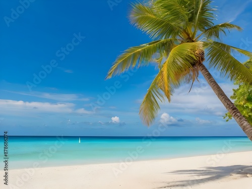 Tropical white sandy beach with palm and sea