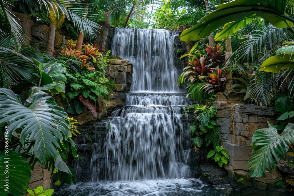 A cascading waterfall set in a tropical garden with lush foliage, Cascading waterfalls surrounded by lush foliage A cascading waterfall set in a tropical garden with lush foliage, Cascading waterfalls surrounded by lush foliage