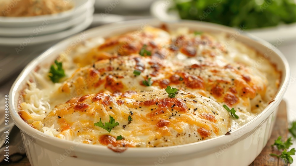A close-up shot of a white casserole dish filled with a baked chicken and rice dish topped with melted cheese and fresh parsley A close-up shot of a white casserole dish filled with a baked chicken and rice dish topped with melted cheese and fresh parsley