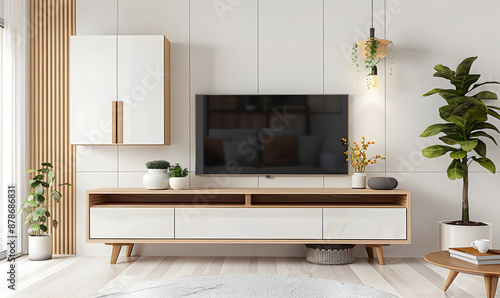 Cabinet TV in modern living room with armchair and plant on concrete wall background.