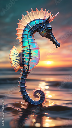 Opal seahorse floating in the air on a beach in the ocean or sea Caribbean animal