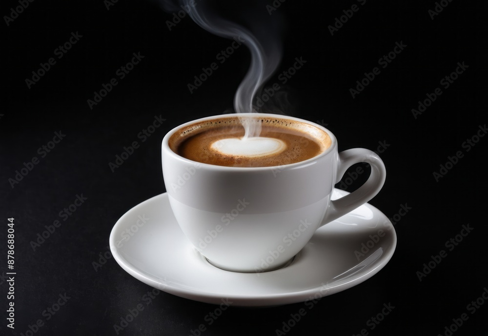 hot coffee with little smoke in white cup isolated on dark background hot coffee with little smoke in white cup isolated on dark background