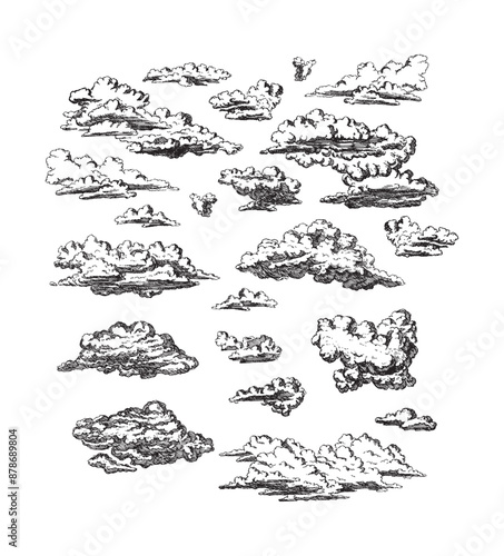 Set of clouds in hand drawn vintage retro style isolated on white background. Cartoon design elements. Vector illustration.	