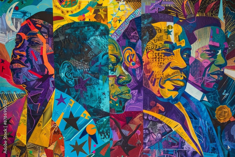 Fototapeta premium A painting showing a diverse group of people with different colors celebrating the end of slavery in America, Celebrating the end of slavery in America with vibrant colors and symbols of freedom