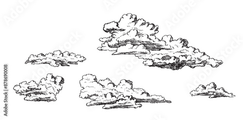 Set of clouds in hand drawn vintage retro style isolated on white background. Cartoon design elements. Vector illustration.	