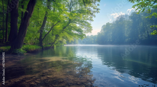 A peaceful riverbend with trees lining the shore