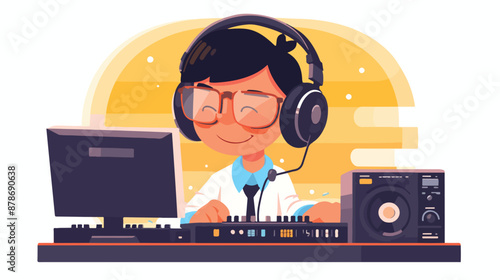Asian radio dj in headset working on a radio station.