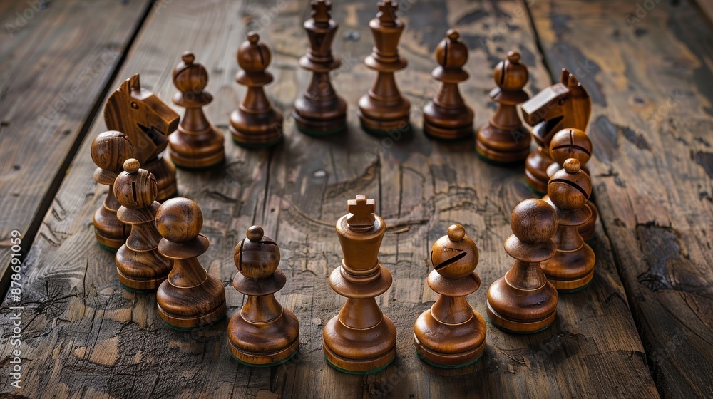 A wooden chess set with a king and pawns arranged in a circle Pro Photo