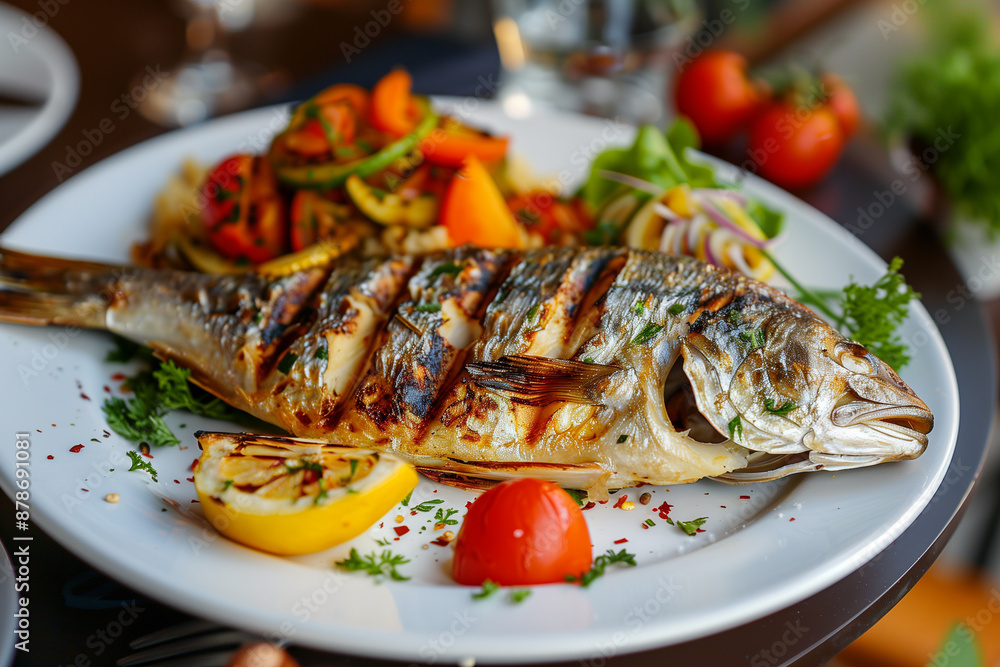 Grilled fish with vegetables on a plate Grilled fish with vegetables on a plate