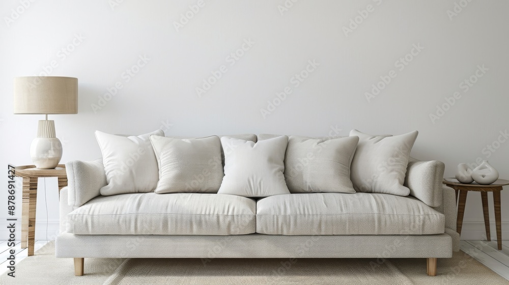 AI generated beige sofa with white pillows and table on the side with lamp, white wall, minimalist interior design living room Pro Photo AI generated beige sofa with white pillows and table on the side with lamp, white wall, minimalist interior design living room Pro Photo