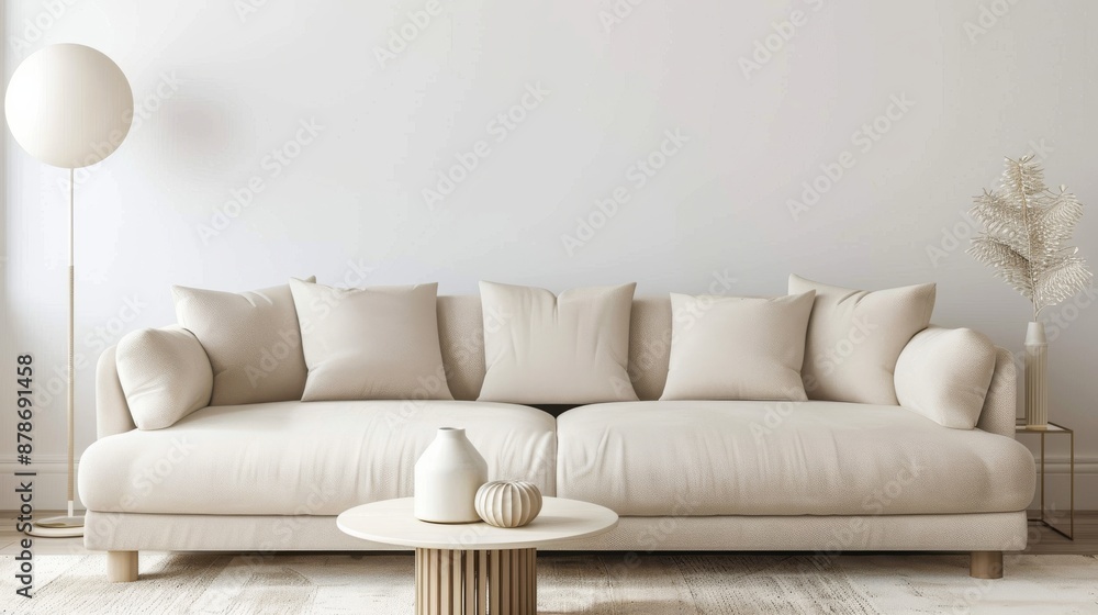 AI generated beige sofa with white pillows and table on the side with lamp, white wall, minimalist interior design living room Pro Photo AI generated beige sofa with white pillows and table on the side with lamp, white wall, minimalist interior design living room Pro Photo