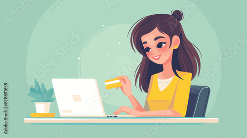 Asian woman sitting at the table with laptop and hold