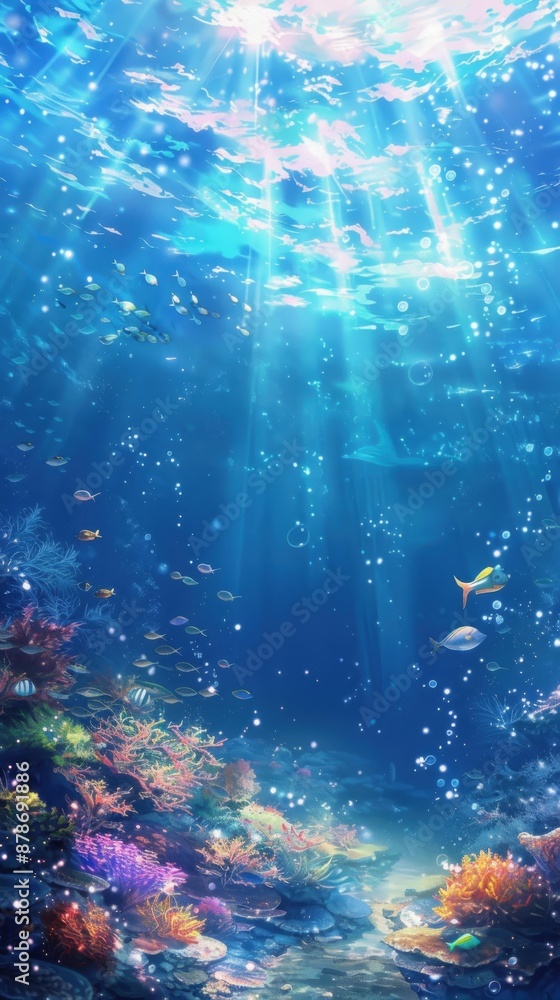 Fototapeta premium Underwater Scene with Sunlight Rays and Colorful Coral Reef