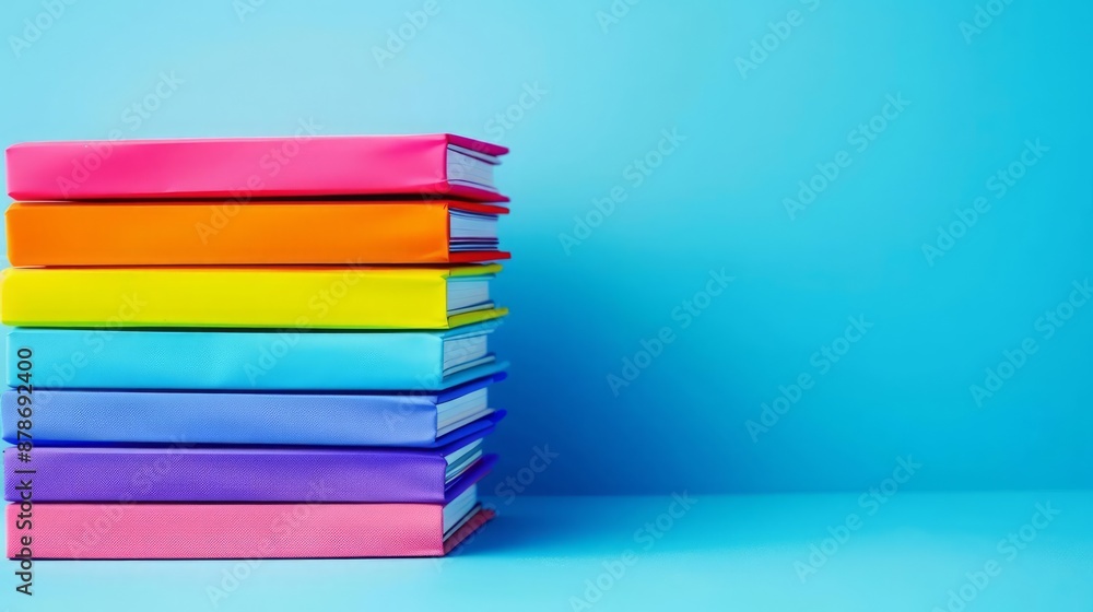 A stack of colorful notebooks sits neatly on a bright blue backdrop with plenty of copy space A stack of colorful notebooks sits neatly on a bright blue backdrop with plenty of copy space
