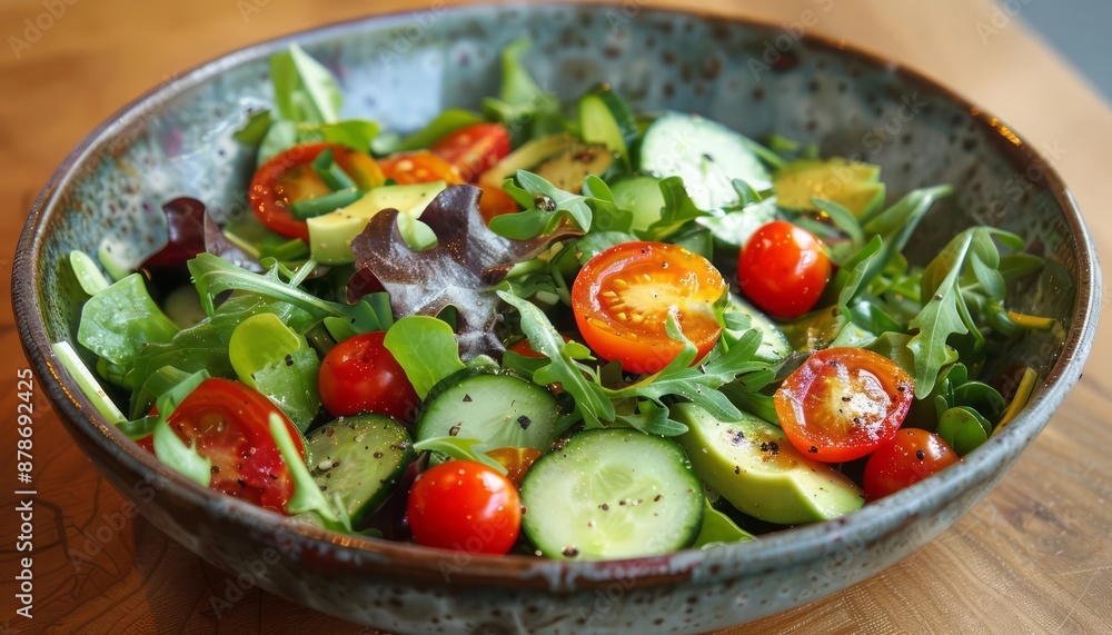 A vibrant salad of mixed greens, cherry tomatoes, cucumbers, and avocados drizzled with a light vinaigrette is a refreshing and healthy meal A vibrant salad of mixed greens, cherry tomatoes, cucumbers, and avocados drizzled with a light vinaigrette is a refreshing and healthy meal