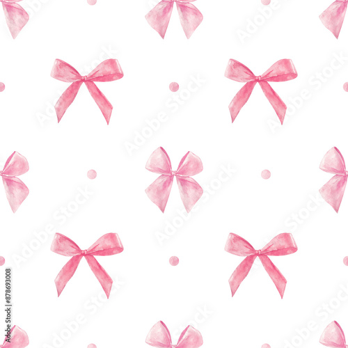 Soft pink watercolor coquette bow. Pastel ribbon seamless pattern hand drawn