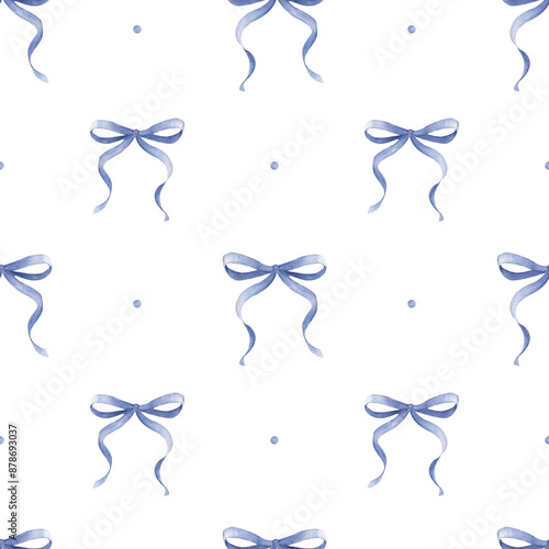 Soft blue watercolor coquette bow. Pastel blue ribbon seamless pattern hand drawn photo