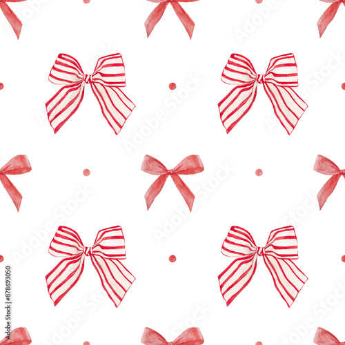 Red stripe watercolor coquette bow. Cute ribbon seamless pattern hand drawn wrapping paper for Christmas, Valentines Day
