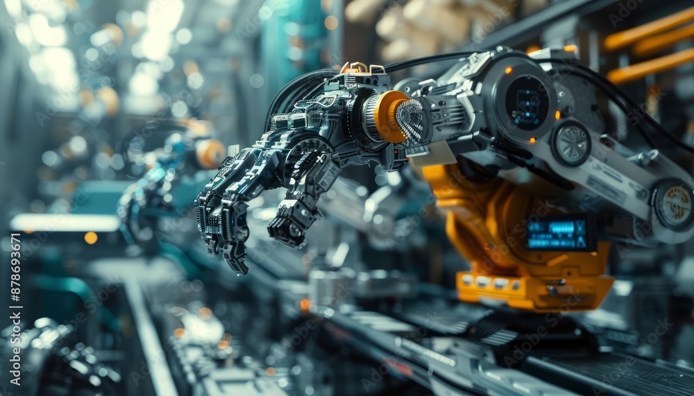 Fototapeta premium Detailed imagery of a cuttingedge assembly line where AIdriven robots perform precise component placements