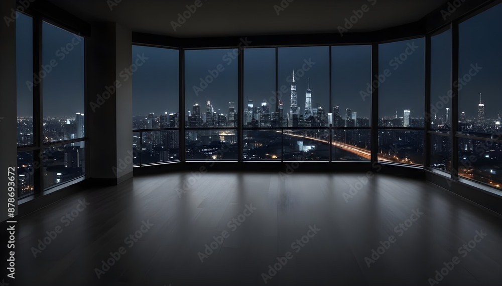 Fototapeta premium An empty room with beautiful city skyline view in dark